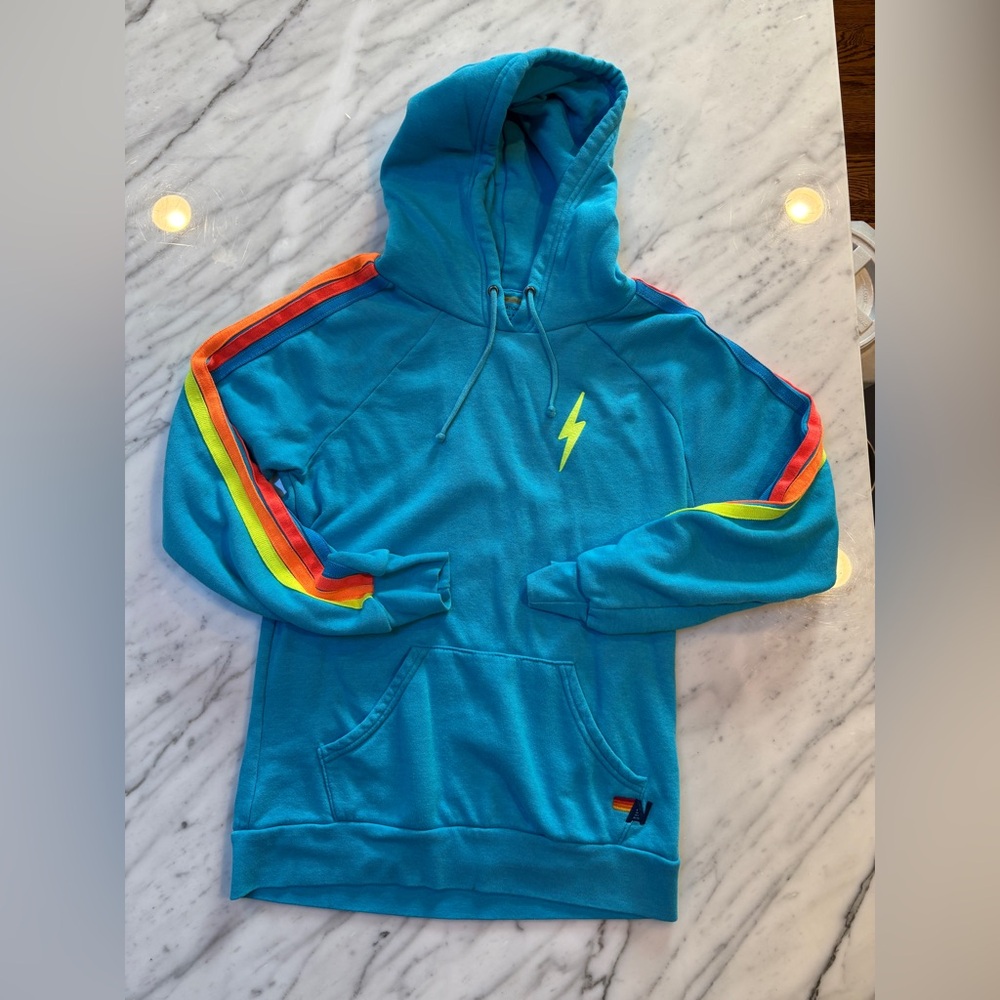 Aviator Nation Blue Hoodie with Rainbow Stripes